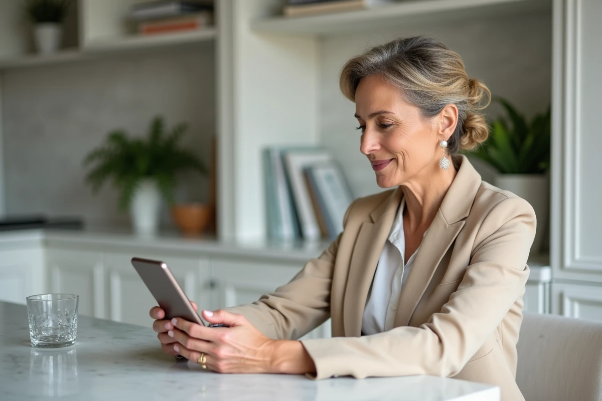 Femme élégante consultant son espace client BNP Paribas Banque Privée sur smartphone depuis son domicile