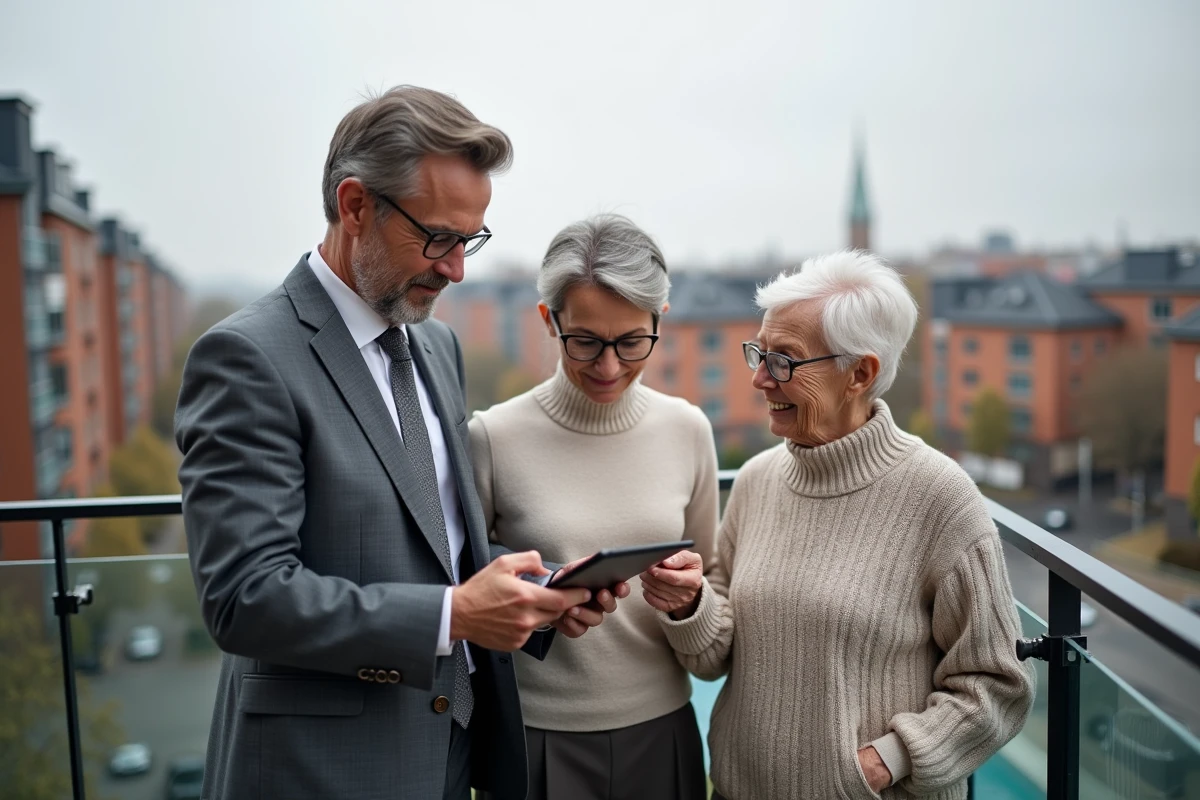Agent immobilier montre une tablette à un couple sur un balcon