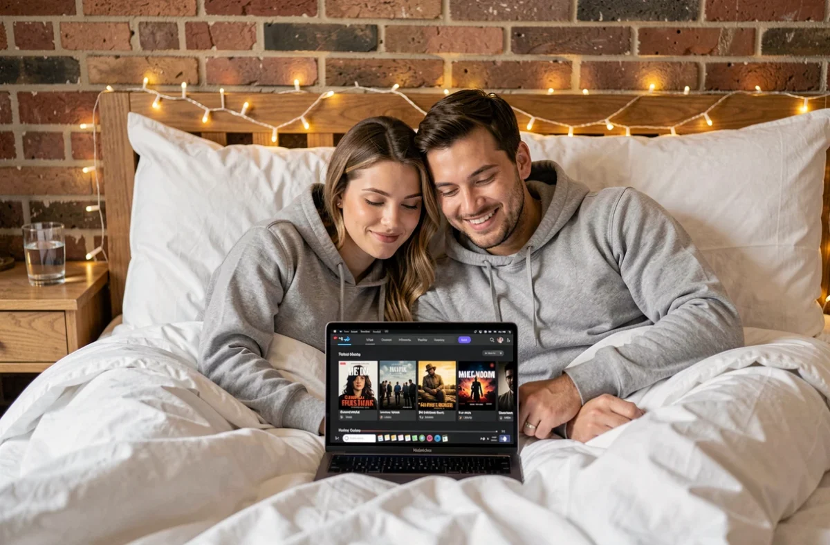 Deux amis regardant ensemble un service de streaming sur un ordinateur portable dans une chambre cosy