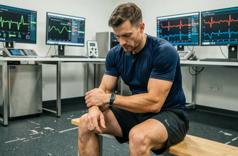 Athlète masculin équipant un capteur biométrique dans un laboratoire de sciences du sport moderne