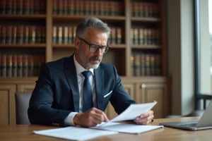Avocat professionnel examinant un contrat commercial en lien avec la loi Chatel dans un bureau juridique moderne