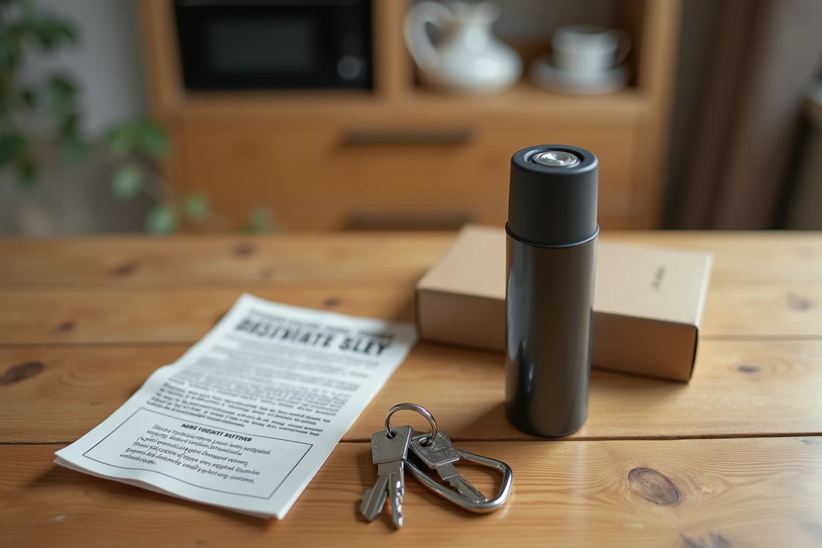 Bombe lacrymogène avec emballage et instructions sur une table en bois pour usage quotidien