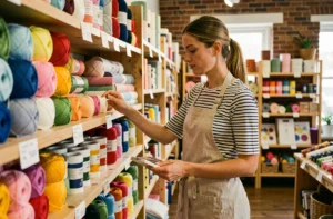 Femme faisant ses achats de loisirs créatifs dans une boutique spécialisée avec des rayons colorés de matériel créatif