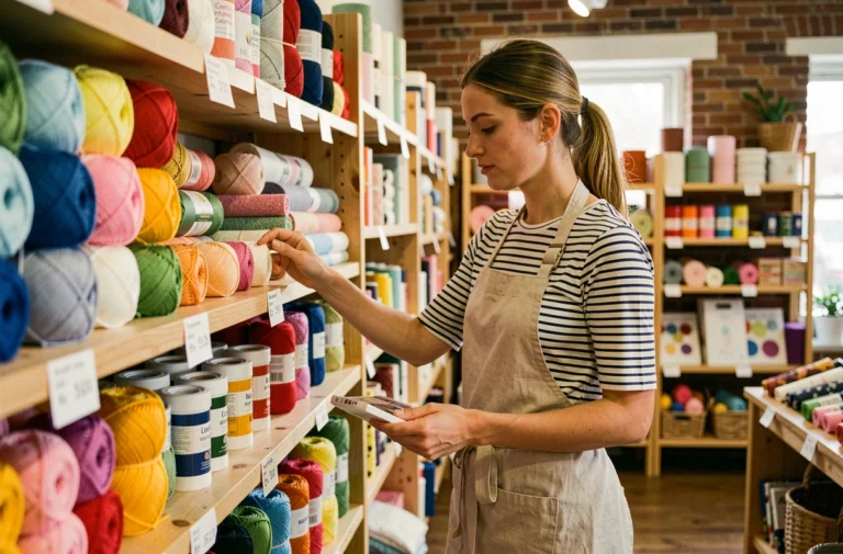 Femme faisant ses achats de loisirs créatifs dans une boutique spécialisée avec des rayons colorés de matériel créatif