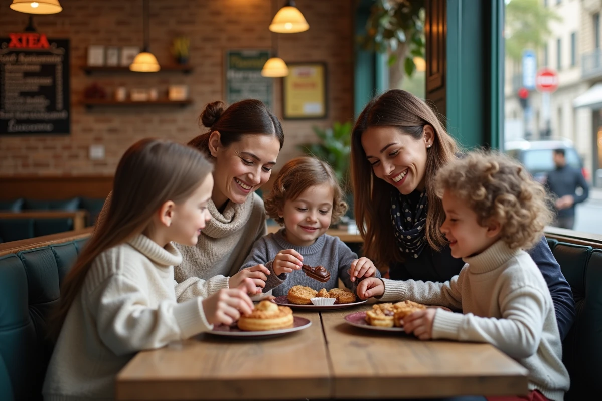 Mères et enfants partageant pâtisseries dans un café parisien