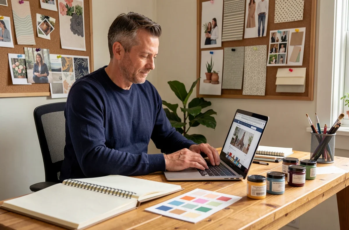 Homme commandant des produits créatifs en ligne sur son ordinateur portable depuis son bureau à domicile
