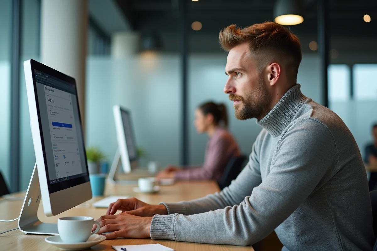 Professionnel accédant à son compte BNP Paribas Banque Privée en ligne depuis un espace de coworking moderne