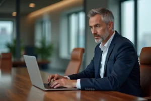 Homme en costume navire connecté à son compte BNP Paribas Banque Privée sur un ordinateur portable dans un bureau haut de gamme