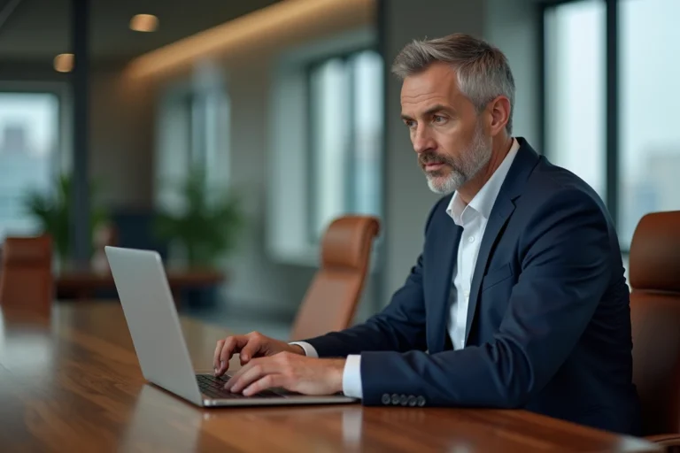 Homme en costume navire connecté à son compte BNP Paribas Banque Privée sur un ordinateur portable dans un bureau haut de gamme