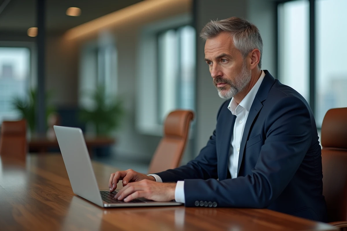 Homme en costume navire connecté à son compte BNP Paribas Banque Privée sur un ordinateur portable dans un bureau haut de gamme