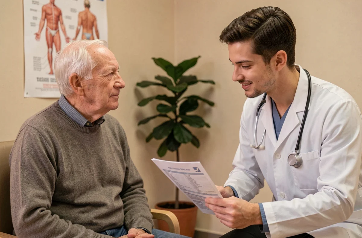 Patient âgé en consultation médicale avec un médecin dans un cabinet moderne en France