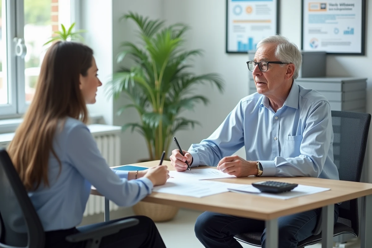 Homme retraité en consultation avec un conseiller dans un bureau de services sociaux pour discuter de son allocation ASPA et de son épargne