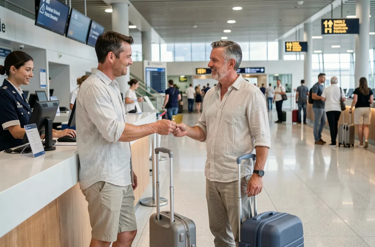 Couple voyageur présentant la carte Gold Crédit Agricole à l'aéroport, profitant des assurances voyage et avantages premium inclus