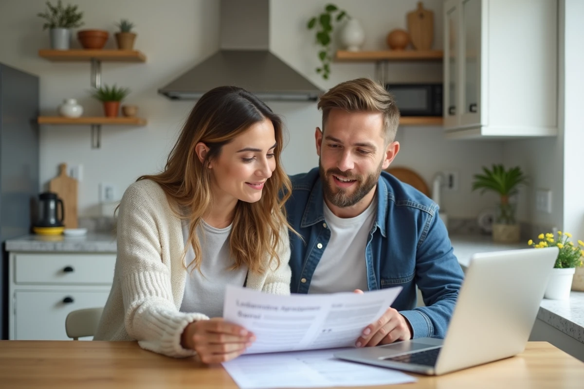 Couple examinant un contrat d'achat immobilier à la table de leur cuisine lors d'un projet d'investissement