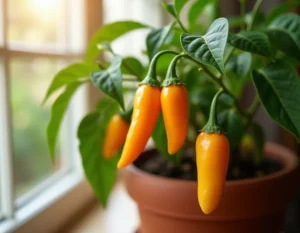 Plant d'aji amarillo en pot avec piments orange-jaune mûrs sur un rebord de fenêtre intérieur