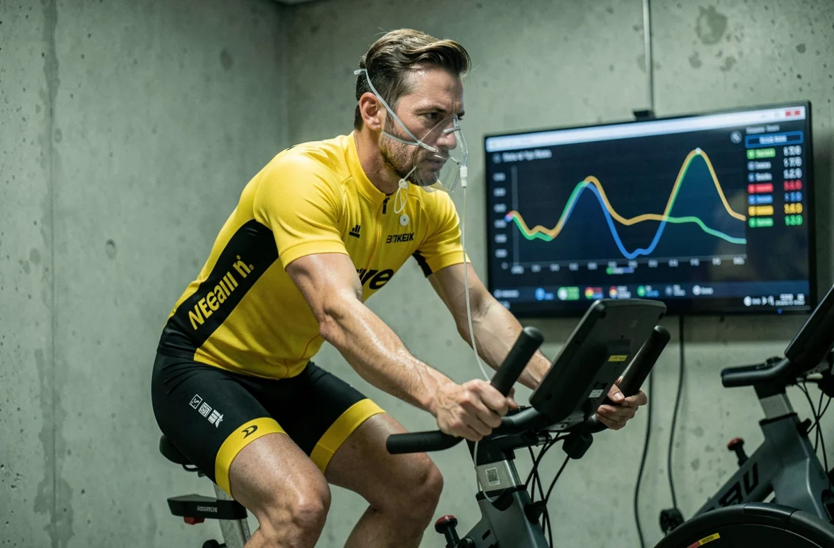 Cycliste en test d'effort VO2 max sur ergomètre dans une chambre d'évaluation des performances sportives