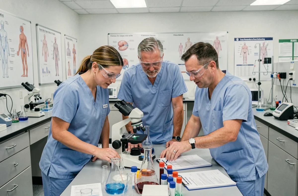 Équipe de chercheurs médicaux collaborant dans un laboratoire biomédical de pointe en France