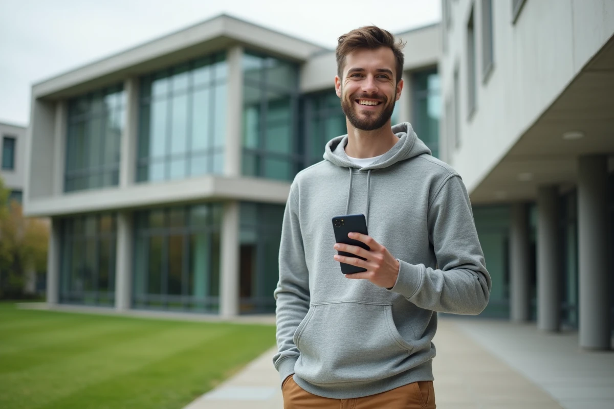Étudiant consultant une application de prêt étudiant sur smartphone devant un campus universitaire moderne