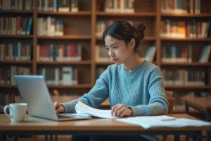 Étudiante consultant un dossier de prêt étudiant MAIF sur son ordinateur portable dans une bibliothèque universitaire