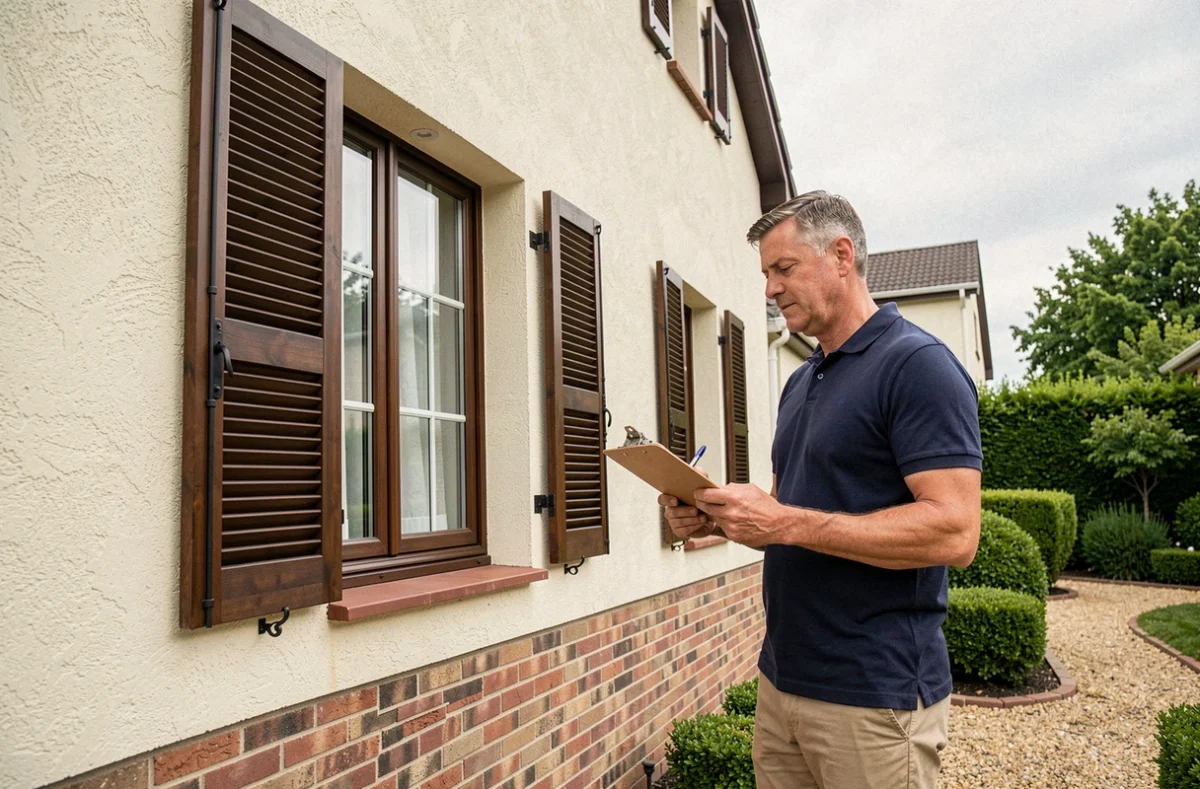 Expert immobilier inspectant la façade extérieure d'une maison pour en estimer la valeur avant la vente