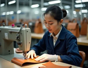 Ouvrière cousant un sac en cuir Michael Kors dans une usine de fabrication en Chine