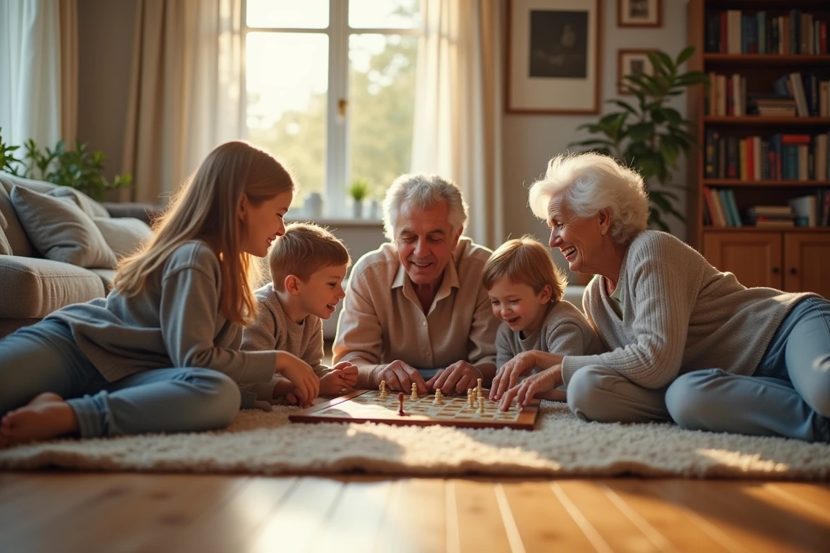 Famille multigeneration joue à un jeu de société au sol