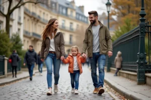 Famille heureuse marchant dans Paris avec enfants