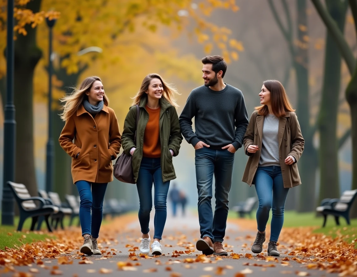 Famille se promenant dans un parc parisien en automne, symbolisant les moments intimes et la vie familiale préservée d'une célébrité française