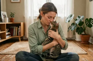 Femme tenant tendrement un chaton tabby contre elle dans un appartement chaleureux, illustrant l'adoption d'un animal de compagnie avec bienveillance