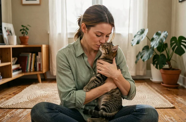Femme tenant tendrement un chaton tabby contre elle dans un appartement chaleureux, illustrant l'adoption d'un animal de compagnie avec bienveillance