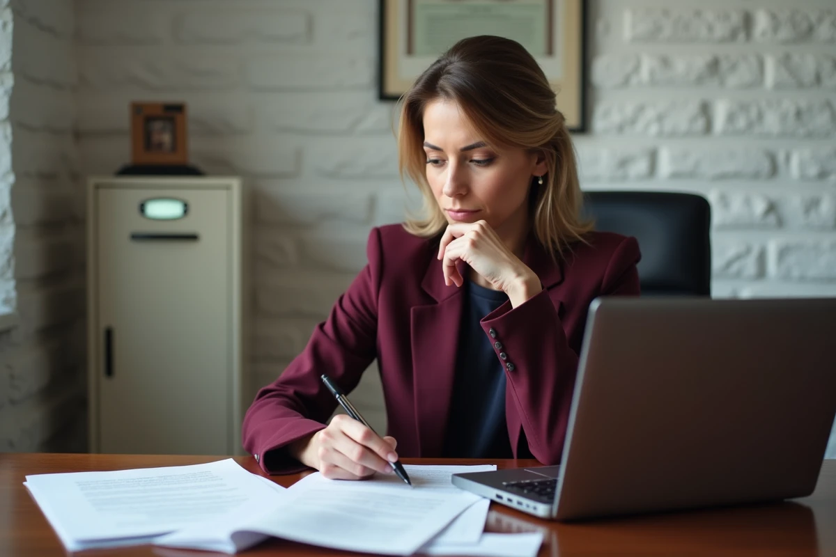Femme d'affaires analysant des documents juridiques relatifs à la résiliation de contrat et à la loi Chatel