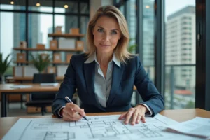 Femme d'affaires analysant des plans immobiliers et des documents financiers dans un bureau moderne avec vue sur la ville