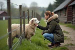 Femme caressant une brebis dans un sanctuaire animalier