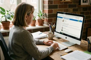 Femme utilisant AOL Mail sur un ordinateur de bureau dans un bureau à domicile en 2024