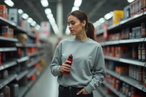 Femme examinant une bombe lacrymogène dans un magasin de sport type Decathlon