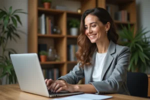 Femme d affaires assise à son bureau à domicile