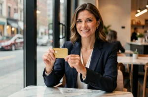Femme professionnelle tenant une carte Gold du Crédit Agricole dans un café moderne, illustrant les avantages de la carte bancaire premium