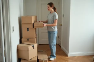 Femme qui attache des cartons Ikea aplatis avec de la ficelle dans un couloir d'appartement après un déménagement