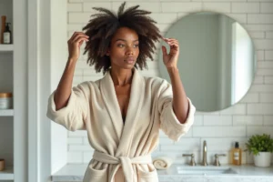 Femme examinant ses cheveux dans un miroir de salle de bain, solution contre la chute de cheveux