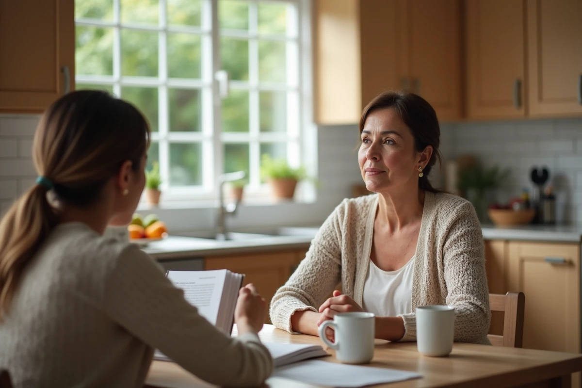 Femme soutenante discutant avec une mère dans la cuisine