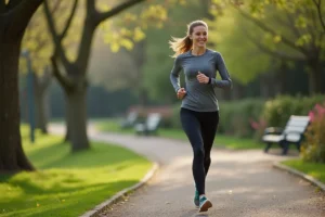 Femme en tenue de sport courant dans un parc verdoyant au printemps