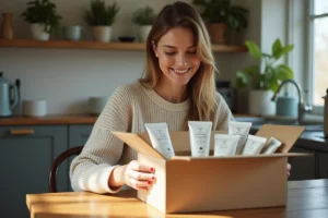 Femme souriante découvrant des échantillons dans une cuisine lumineuse
