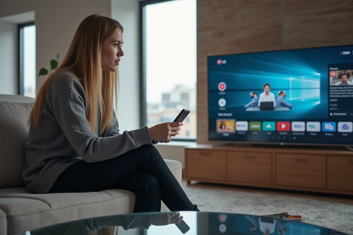 Femme installant une application sur sa smart TV LG avec smartphone