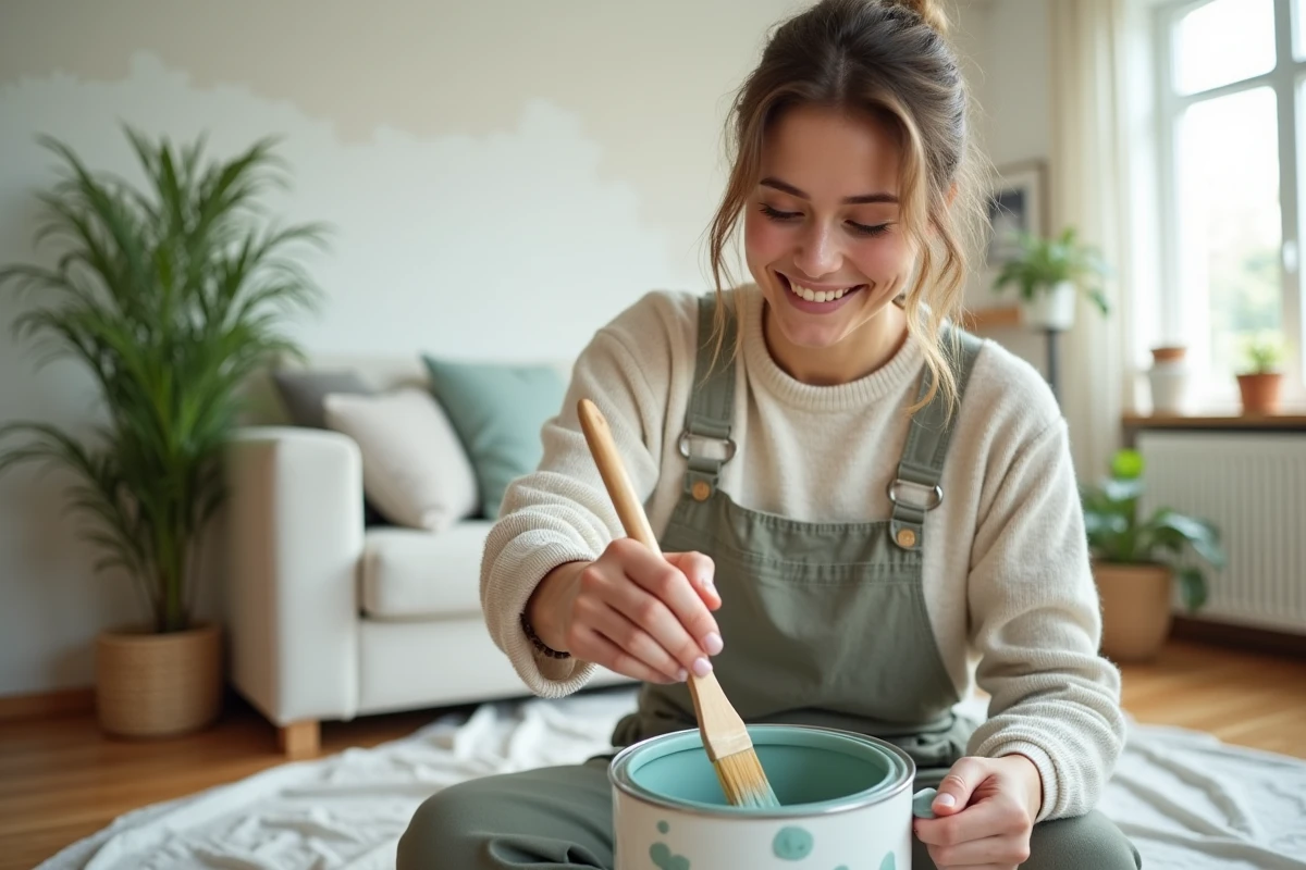 Jeune femme mélange de la peinture écologique dans un salon lumineux