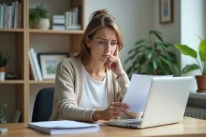 Femme inquiète tenant une lettre de rejet dans un bureau à domicile