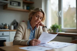Femme d'âge moyen examine des papiers officiels français