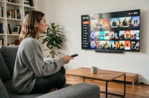 Femme regardant une plateforme de streaming innovante sur sa télévision depuis son canapé