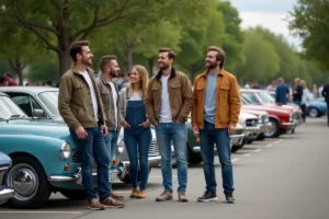 Groupe de passionnés de voitures devant des véhicules vintage et modernes