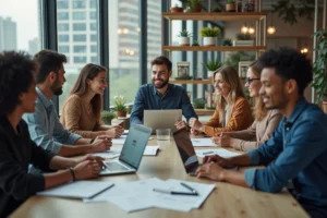 Groupe de jeunes professionnels en réunion dans un bureau moderne
