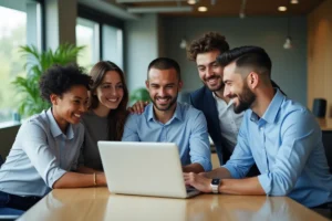 Groupe de collègues souriants autour d'un ordinateur en réunion